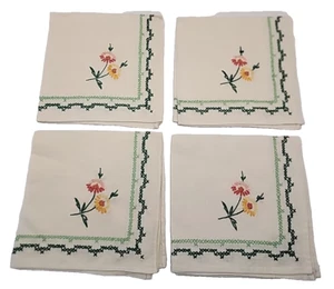 4 Vintage Pure Linen Embroidered Cloth Napkins 15" Floral Design Green Pink 859A - Picture 1 of 20