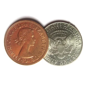 Juego de 2 monedas de medio dólar inglés Kenny de cobre plata truco mágico - Imagen 1 de 1