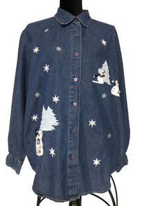 Cabin Creek Women's L Blue Denim Button Up Jacket Embroidered Christmas Snowmen - Picture 1 of 13