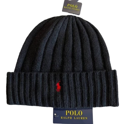 Polo Ralph Lauren Gorro Masculino Preto Vermelho Pônei Mistura de Lã Costela Punho de Malha NOVO - Imagem 1 de 2