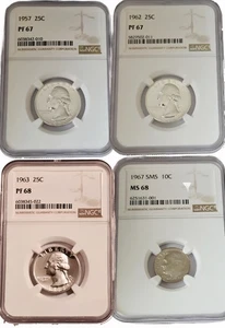 Lot- 1963 PF68, 1957, 1962 NGC PF67 90% Silver Proof Quarter 1967 MS68 10c Dime - Picture 1 of 11