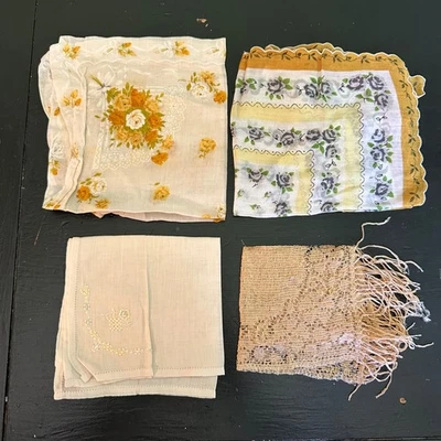 Lot of 4 Vintage Cream, Yellow, and Gold Hankies, Ladies Handkerchiefs - Image 1 of 4