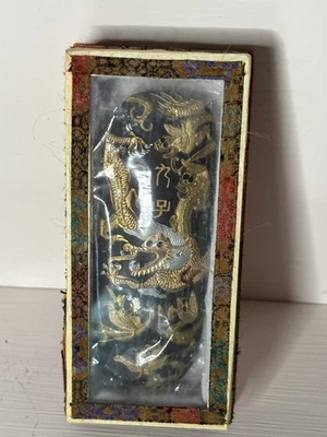Vintage Ornate Chinese Calligraphy Ink Stick Oval Dragons Original Box  - Image 1 of 4