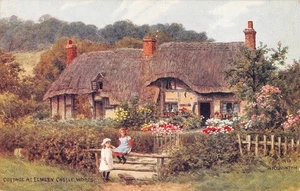 Postal vintage de cabaña con techo de paja en el castillo de Elmley, serie de salmón de Inglaterra - Imagen 1 de 3