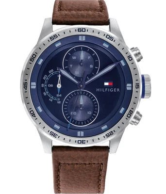 TOMMY HILFIGER CHRONOGRAPH 1791807 BLUE DIAL BROWN LEATHER STRAP 46MM MENS WATCH - Image 1 of 4
