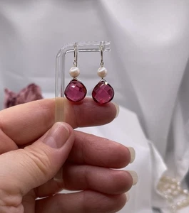 14k Pink Tourmaline Pearl Earrings 12mm SIMULATED Briolette - Picture 1 of 9