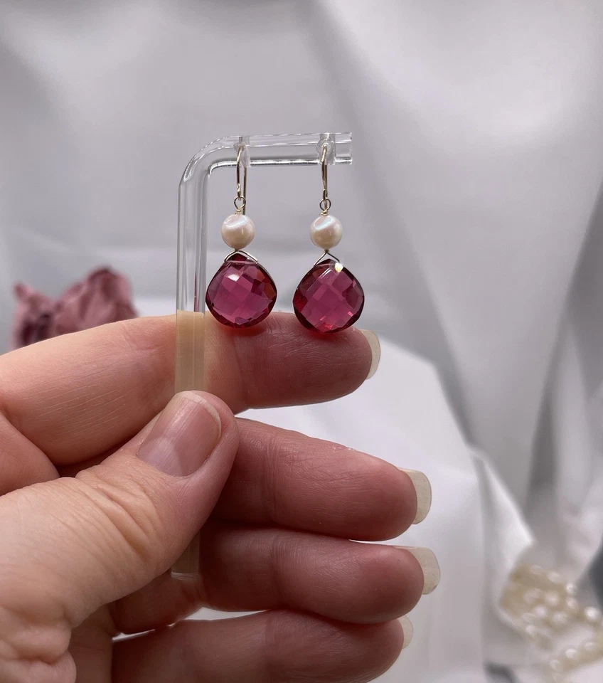 14k Pink Tourmaline Earrings Pearl 12mm SIMULATED Briolette Rubellite - Image 1 of 1