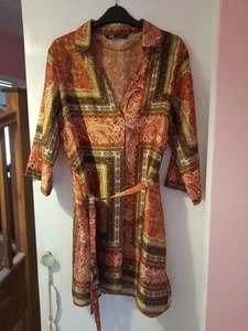 Zara Paisley Orange Red Chiffon Style Belted Dress Size L 12 - Picture 1 of 3