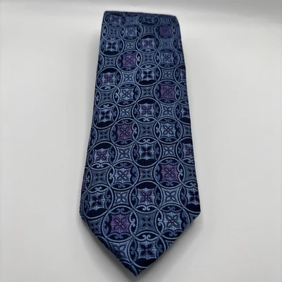 David Donahue 意大利丝绸领带蓝色紫色几何花卉 59x3.5 手工制作 美国 — 第 1/4 张图片