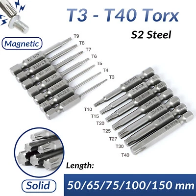 T3-T50 Solid Torx Screwdriver Bit Set Magnetic Head 1/4" Hex Shank 50-150mm Long - Image 1 of 4