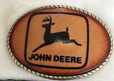 Vintage Brown Leather John Deere Leaping Deer Logo  Oval Belt Buckle