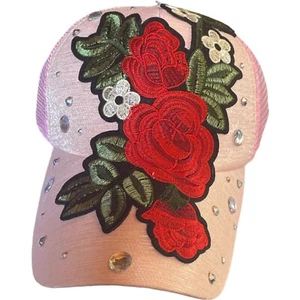 Mujer Bordado Tachuelas Flor Gorra Snapback Malla Rosa Claro Nuevo - Imagen 1 de 4
