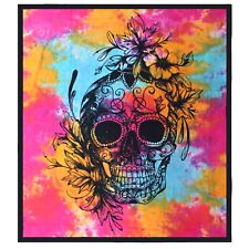 Floral Skull Indian Tie-Dye Cotton Double Bedspread - Wall Picture Hanging