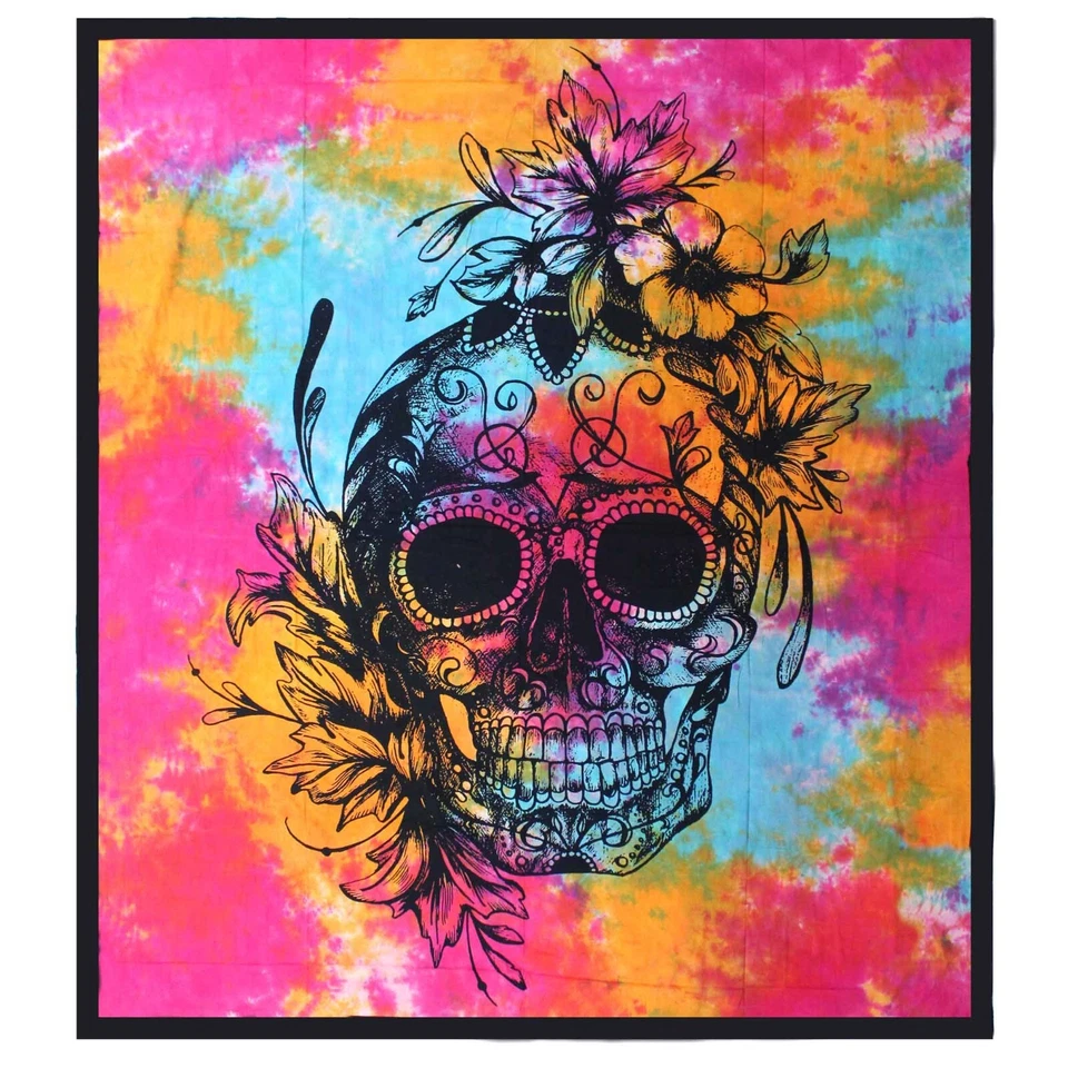 Colcha doble de algodón tie-dye indio calavera floral - colgante de cuadro de pared Foto 1 de 1