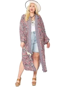 Gigio Boho Kimono Duster Pink Floral Paisley Print Side Vents Tassels Size S - Picture 1 of 13
