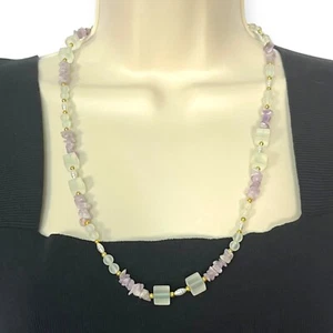 Vintage Artisan Made Natural Stone & Glass Bead Necklace 12.5" Green & Purple - Picture 1 of 8