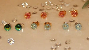 Pretty S/P or G/P Stud Earrings with 5mm AB Resin Stones - Orange-Aqua-Peacock - Picture 1 of 13