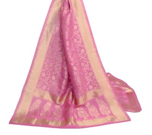 Sushila Vintage Pastel Pink Scrap Dupatta Art Silk Zari Work Floral Long Stole - Picture 1 of 9