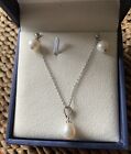 Real Pearl Jewellery Set, 925 Silver Pearl Earrings & Pendant Necklace 7-9mm