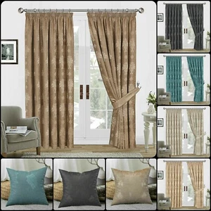 Luxury Fully Lined Pencil Pleat Curtains Pair Jacquard Tiebacks & Cushion Cover* - Picture 1 of 57