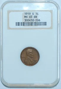 1919 S NGC MS65BN Lincoln Wheat Cent  - Picture 1 of 2