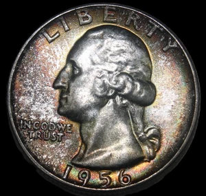 1956 25C Washington Quarter - PREMIUM BU RAINBOW TONED - SMH-183 - Foto 1 di 4