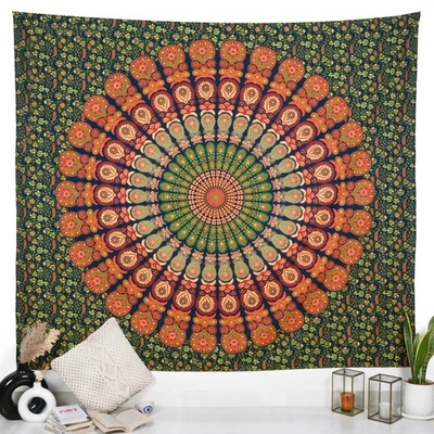 Tapiz mandala verde dorado indio RAJRANG colgante de pared 90x84 pulgadas pavo real Foto 1 de 4