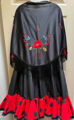 Traje de Baile FLAMENCO, 4 Piezas, S/M, Negro/Rojo, Falda Hecha a Mano y Adorno para el Cabello Foto 1 de 4