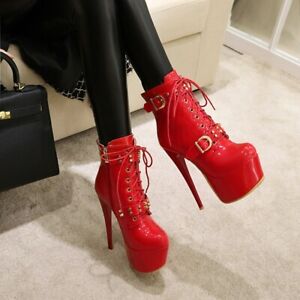 Women Sexy Platform Buckle Ankle Boots High Stiletto Heel Party Round Toe Shoes