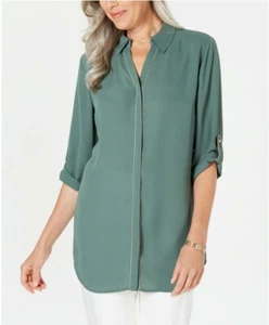 Neu mit Etikett Damengröße Small JM Collection geknöpftes Hemd mit Kaviarbesatz Kaktusgrün  - Bild 1 von 4