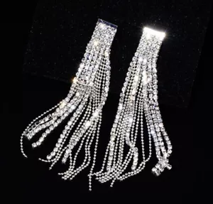 14k Platinum Plated Long Tassel Earrings made w Swarovski Crystal Beautiful - Picture 1 of 12