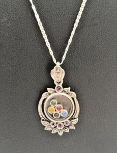 Vintage Sterlingsilber Medaillon Anhänger mit bunten Steinen 20" Kette Halskette - Bild 1 von 8