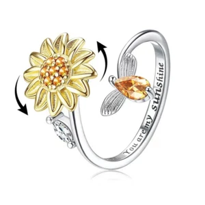 Damen Ring Sonnenblume Biene drehbar 925 Silber versilbert verstellbar Zirkonia - Bild 1 von 4