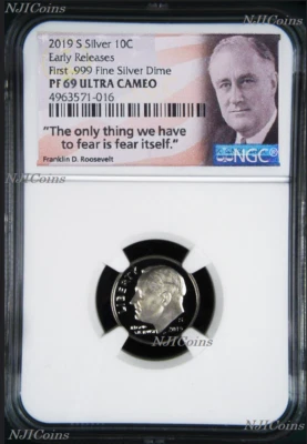 2019 S Proof 10C Silver Dime coin NGC PF69 ULTRA CAMEO Roosevelt Early Releases - Image 1 of 2