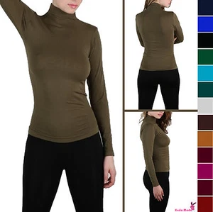 ESSENTIAL BASIC LONG SLEEVE SEAMLESS MOCK TURTLE NECK T-SHIRT STRETCH TOP - Picture 1 of 16