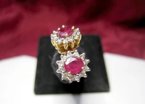 18K YELLOW GOLD DIAMOND HALO & OVAL CUT RUBY STUD EARRINGS 4.5 GRAMS - Picture 1 of 8