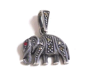 Cute Vintage ELEPHANT Pendant 925 Sterling Silver & Marcasite Gemstones Red Eye - Picture 1 of 6