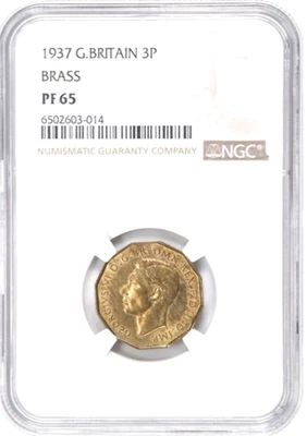 Gran Bretaña 1937 3 peniques, tres peniques, NGC PR 65 latón, KM-849, prueba Foto 1 de 2