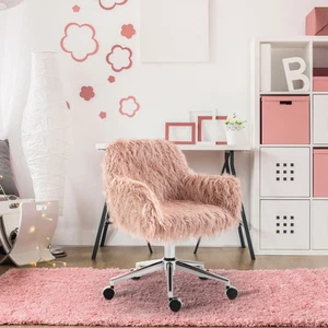 Swivel Faux Fur Office Chair, Vanity Chair w/ Adjustable Height, Wheels, Pink - Picture 1 of 11