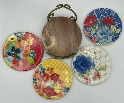 Juego de 4 posavasos de cerámica floral Medley Pioneer para mujer con soporte de madera y metal Foto 1 de 4