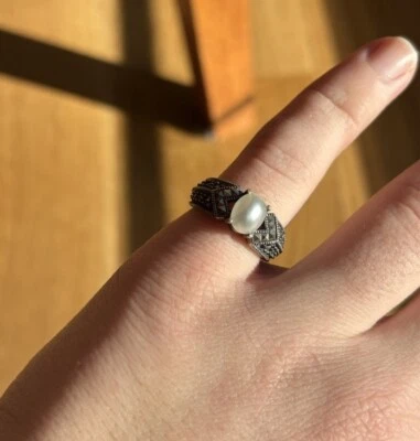 Anel marcasita vintage designer Judith Jack JJ prata esterlina com pérola - Imagem 1 de 4