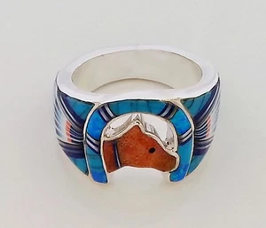 UNIQUE MULTICOLOR TURQUOISE OPAL SPINY LAPIZ HORSE SHOE RING .925 SILVER SIZE 9 - Picture 1 of 4