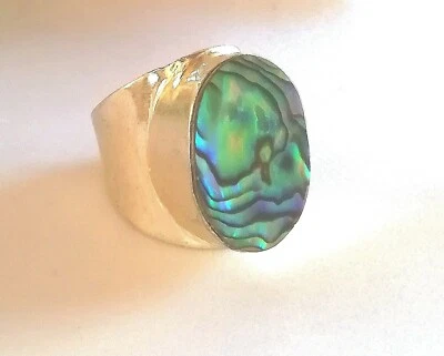 GRANDE ANELLO A FASCIA IN ARGENTO MASSICCIO 925 CON ABALONE PAUA PERLA NATURALE - Immagine 1 di 4