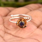Flower Ring For Women, Two Tone Gem Rings, iolite Adjustable Ring, Brass Rings