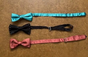 Mens Vintage Satin Bow Ties Shiny Blk With Rhinestones, Green, Brown Lot Of 3 - Picture 1 of 4