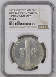 Portugal 2006 €8 silver BU - First Railway in Portugal 150th Anniv. NGC MS 64 - Picture 1 of 2