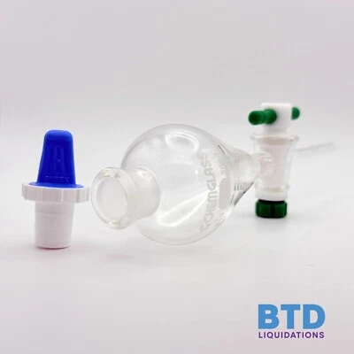30 mL Squibb Separatory Funnel PTFE Stopcock PE Stopper Chemglass CG-1747-01 - Image 1 of 4