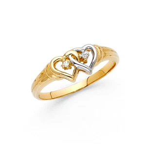 Echt 14K Bicolor Gold Zirkonia ineinandergreifende zwei Herzen Ring Größe 7 - Bild 1 von 21