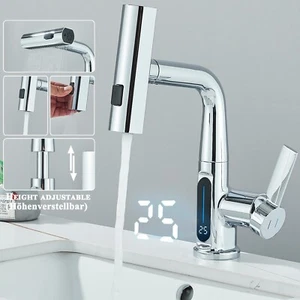 Chrom LCD Waschtischarmatur Ausziehbar Wasserhahn Waschbecken Mischbatterie Bad - Picture 1 of 12