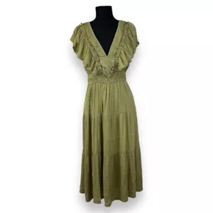 T Tahari Ruffle Tiered Dress Size L Chartreuse Green V Neck Tiered Ruffles - Picture 1 of 11
